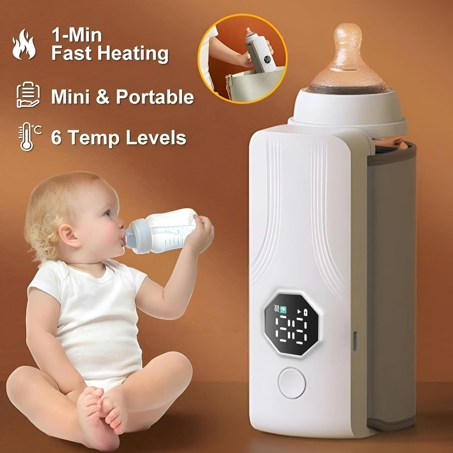 Portable Rechargeable Baby Bottle Warmer | Fast 1-Min Heating, USB Powered, 6 Temperature Levels – Mini & Travel-Friendly Milk Heater for Babies